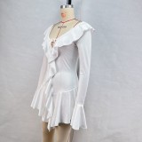 Ruffle Neck Tie Flare Sleeve MIni Dress GPBY-15982