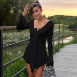 Ruffle Neck Tie Flare Sleeve MIni Dress GPBY-15982