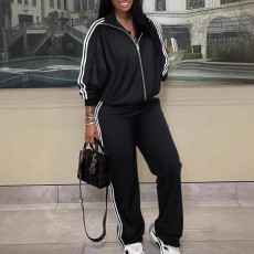 Plus Size Stripe Patchwork Zipper Two Piece Pants Set NY-10959