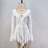 Ruffle Neck Tie Flare Sleeve MIni Dress GPBY-15982