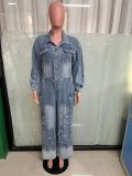 Fashion Washed Multi-pockets Loose Denim Jumpsuit LX-6036
