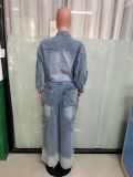 Fashion Washed Multi-pockets Loose Denim Jumpsuit LX-6036