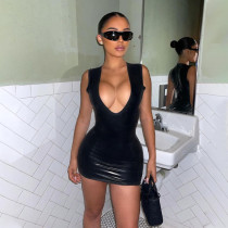 PU Leather Sexy V Neck Mini Dress GPBY-1464