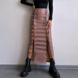 Solid Color Split Tie Up Long Skirt GPBY-16556