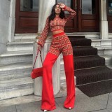 Print Plaid Long Sleeve Tops Loose Pant Suit GPBY-16523