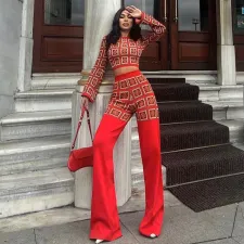 Print Plaid Long Sleeve Tops Loose Pant Suit GPBY-16523