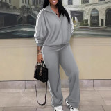 Plus Size Stripe Patchwork Zipper Two Piece Pants Set NY-10959