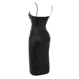 Sexy PU Leather Pleated Sling Midi Dress GPBY-13121