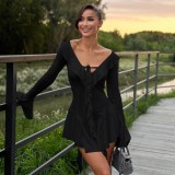 Ruffle Neck Tie Flare Sleeve MIni Dress GPBY-15982