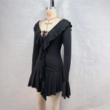 Ruffle Neck Tie Flare Sleeve MIni Dress GPBY-15982