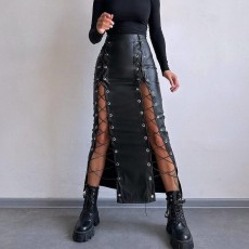 Solid Color Split Tie Up Long Skirt GPBY-16556