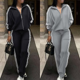 Plus Size Stripe Patchwork Zipper Two Piece Pants Set NY-10959