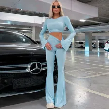 Solid Color Sport Slim Flare Pants Suit GPBY-15987