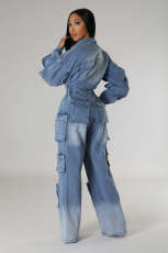 Fashion Washed Multi-pockets Loose Denim Jumpsuit LX-6036