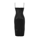 Sexy PU Leather Pleated Sling Midi Dress GPBY-13121