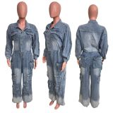 Fashion Washed Multi-pockets Loose Denim Jumpsuit LX-6036