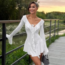 Ruffle Neck Tie Flare Sleeve MIni Dress GPBY-15982