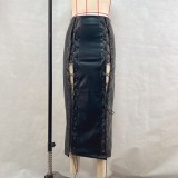 Solid Color Split Tie Up Long Skirt GPBY-16556
