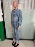 Fashion Washed Multi-pockets Loose Denim Jumpsuit LX-6036