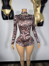 Pre Order: About 7 work days shipping Leopard Print Long Sleeve Skinny Romper YUEM-610660