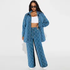 Plaid Print Long Sleeve Loose Pants Suit GDAM-218571