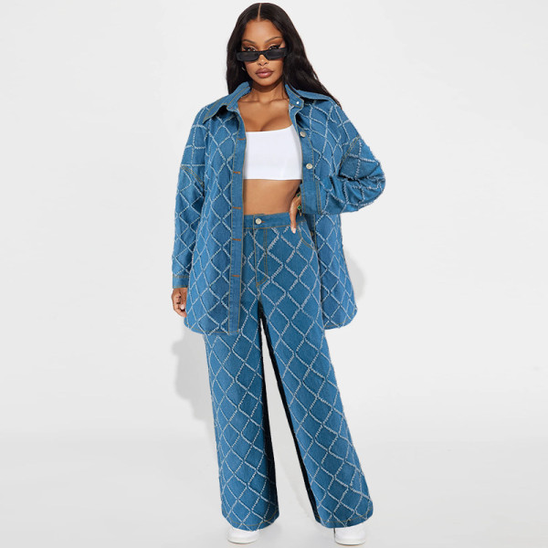 Plaid Print Long Sleeve Loose Pants Suit GDAM-218571