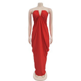 V Neck Slolid Color Tube Top Dress BY-7135