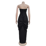 V Neck Slolid Color Tube Top Dress BY-7135