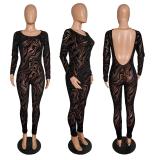 Print Long Sleeve Backless Skinny Jumpsuit GCNF-0226
