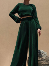 Solid Color Long Sleeve Wide Leg Pants Suit MIL-121