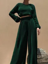 Solid Color Long Sleeve Wide Leg Pants Suit MIL-121