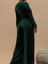 Solid Color Long Sleeve Wide Leg Pants Suit MIL-121