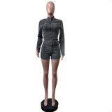 Long Sleeve Zipper Denim Romper MEM-88616