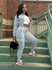 Zipper Patchwork Padded Casual Sport Pants Suit MIL-110