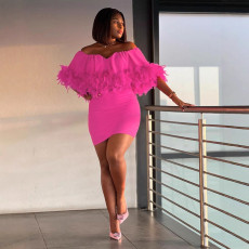 Plus Size One Shoulder Feather Slim Mini Dress NY-3323