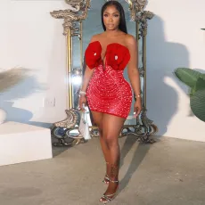 Plus Size Hot Drill Pearl Deep V Mini Dress NY-3339