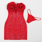 Plus Size Hot Drill Pearl Deep V Mini Dress NY-3339