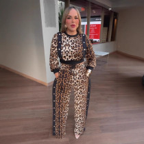 Plus Size Leopard Print Long Sleeve Pants Suit NY-10958