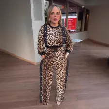Plus Size Leopard Print Long Sleeve Pants Suit NY-10958