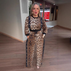 Plus Size Leopard Print Long Sleeve Pants Suit NY-10958