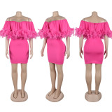 Plus Size One Shoulder Feather Slim Mini Dress NY-3323
