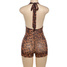 Pre Order: About 7 work days shipping Deep V Neck Halterneck Leopard Romper YUEM-900900