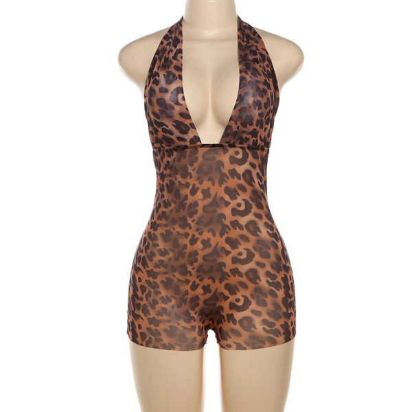 Deep V Neck Halterneck Leopard Romper YUEM-900900