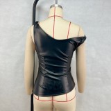 PU Slash Neck Irregular Top GPBY-244