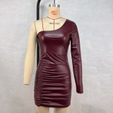 Single Shoulder Sleeve Pleated PU Mini Dress GPBY-241