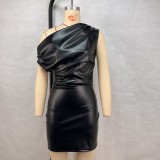 Slash Shoulder Sleeveless PU Mini Dress GPBY-17226