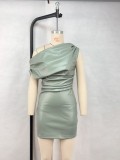 Slash Shoulder Sleeveless PU Mini Dress GPBY-17226