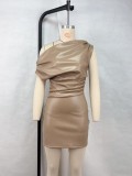 Slash Shoulder Sleeveless PU Mini Dress GPBY-17226