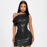 Slash Shoulder Sleeveless PU Mini Dress GPBY-17226