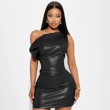 Slash Shoulder Sleeveless PU Mini Dress GPBY-17226